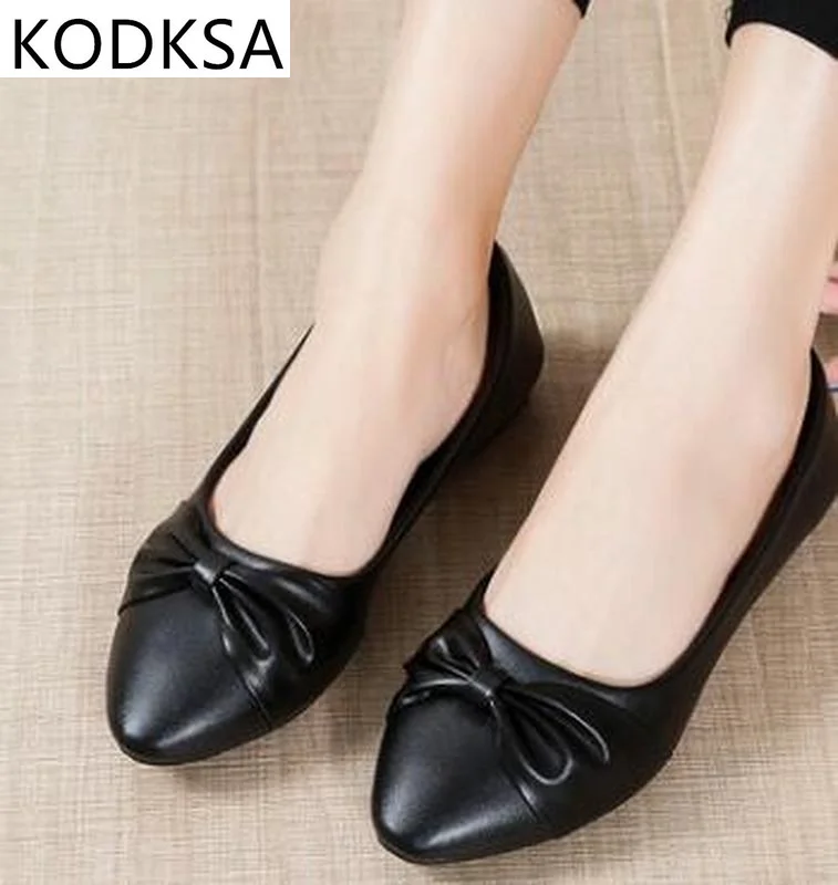 

Женские кожаные туфли с бантом, однотонные мягкие туфли большого размера на низком каблуке, весна-осень, 2021