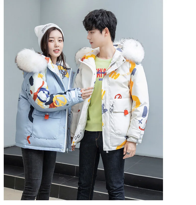 White duck down couple down jacket hip-hop little devil print thick hooded down jacket casual winter couple
