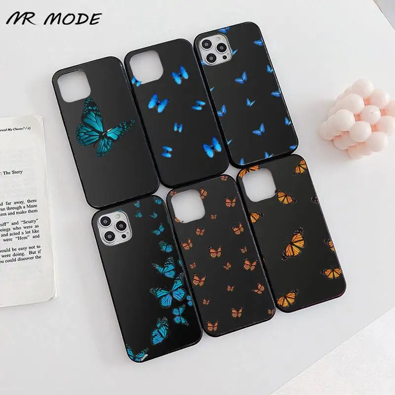 

Blue butterfly cute animal Phone Case Candy Color for iPhone 6 7 8 11 12 s mini pro X XS XR MAX Plus
