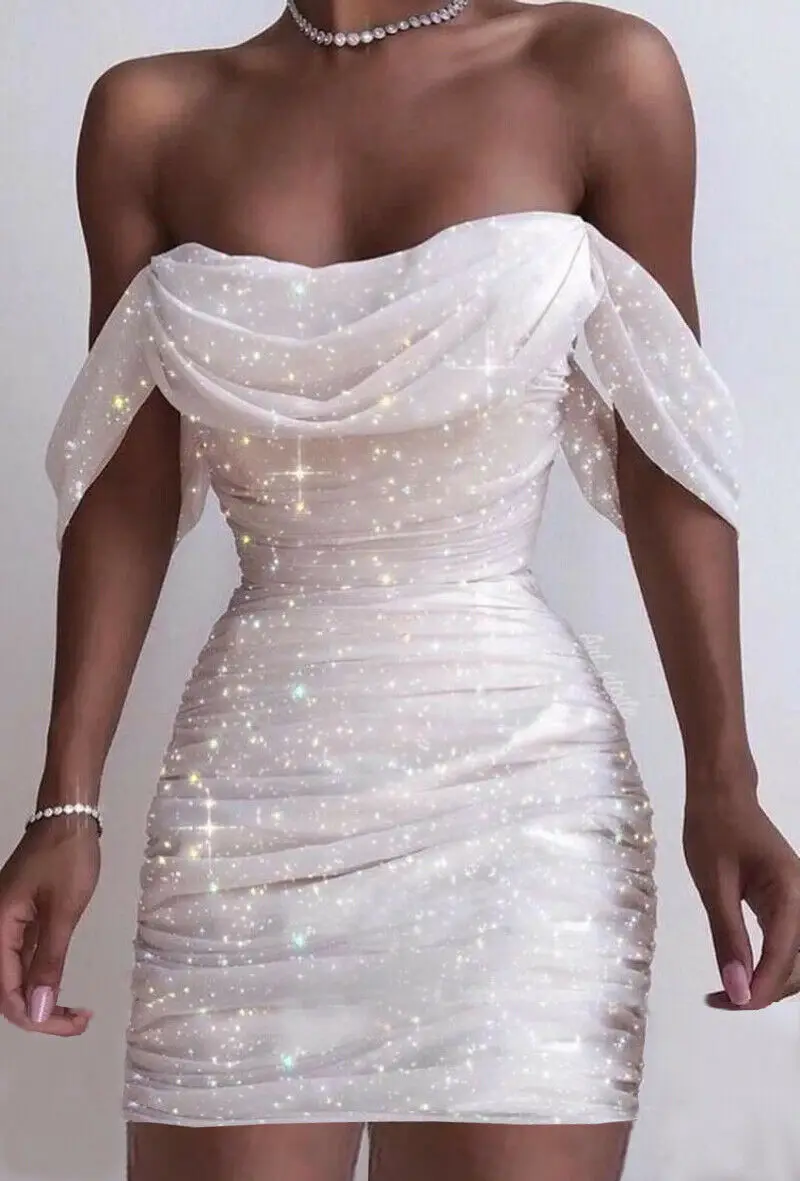 Сексуальное женское платье с открытыми плечами однотонное облегающее выше