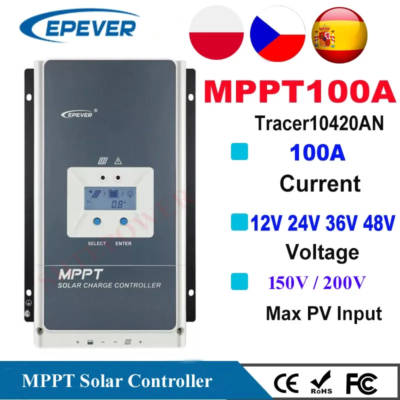 

EPever MPPT 100A Solar Charge Controller 12V 24V 36V 48V Backlight LCD for Max 200V PV Input Real Time Recording 10420AN 10415AN