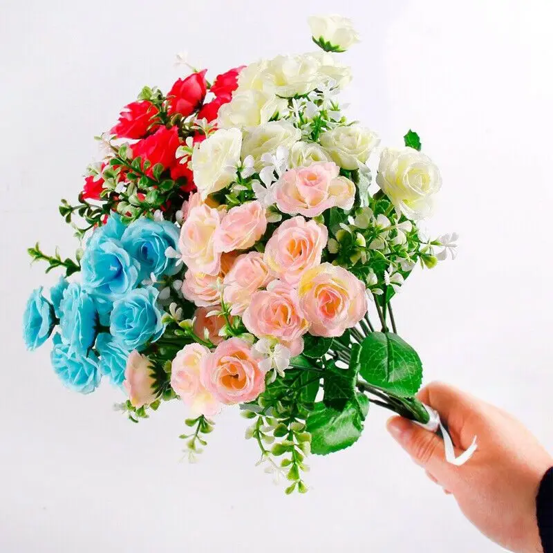 

15 Head Mini Roses Artificial Flower Wedding Party DIY Scene Layout Fake Flowers Living Room Christmas Desktop Home Decoration