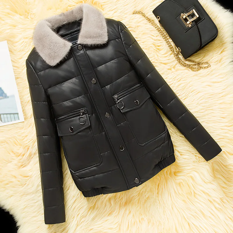 Женская куртка пуховик из натуральной кожи осенне зимняя женская овечьей с
