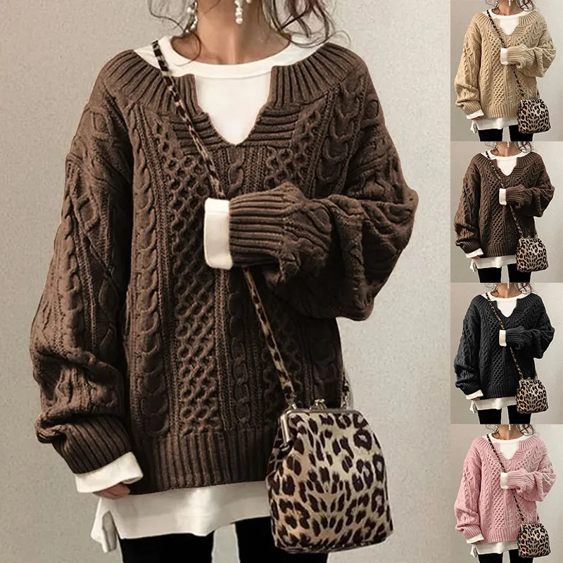 

Butemoda Autumn and Winter Knitted Sweater Twist Pattern Loose Casual Ladies Sweater V-neck Long Sleeved Pullover Lazy Style Top