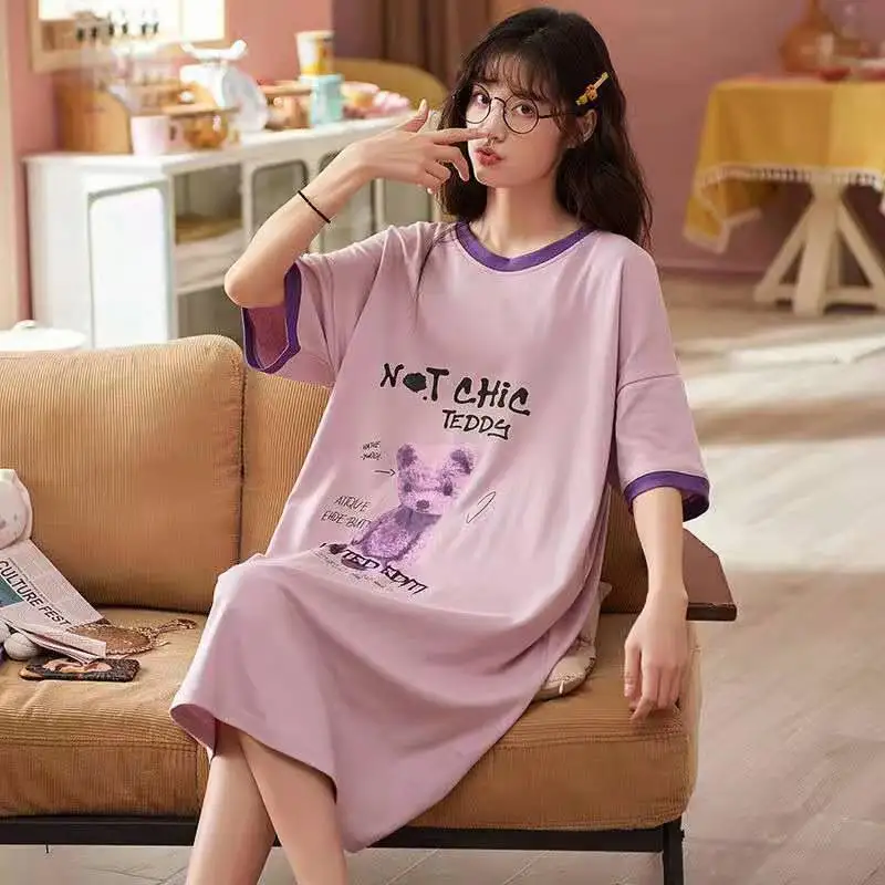 Women's Nightdress Summer Short-sleeved Cotton Cute Plus Size Loose Pajamas Soft and Comfortable Ladies Home Service Sleepwear