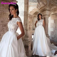 a line boho wedding dress with pocket lace appliques elegant princess bridal dresses o neck cap sleeves satin wedding gowns