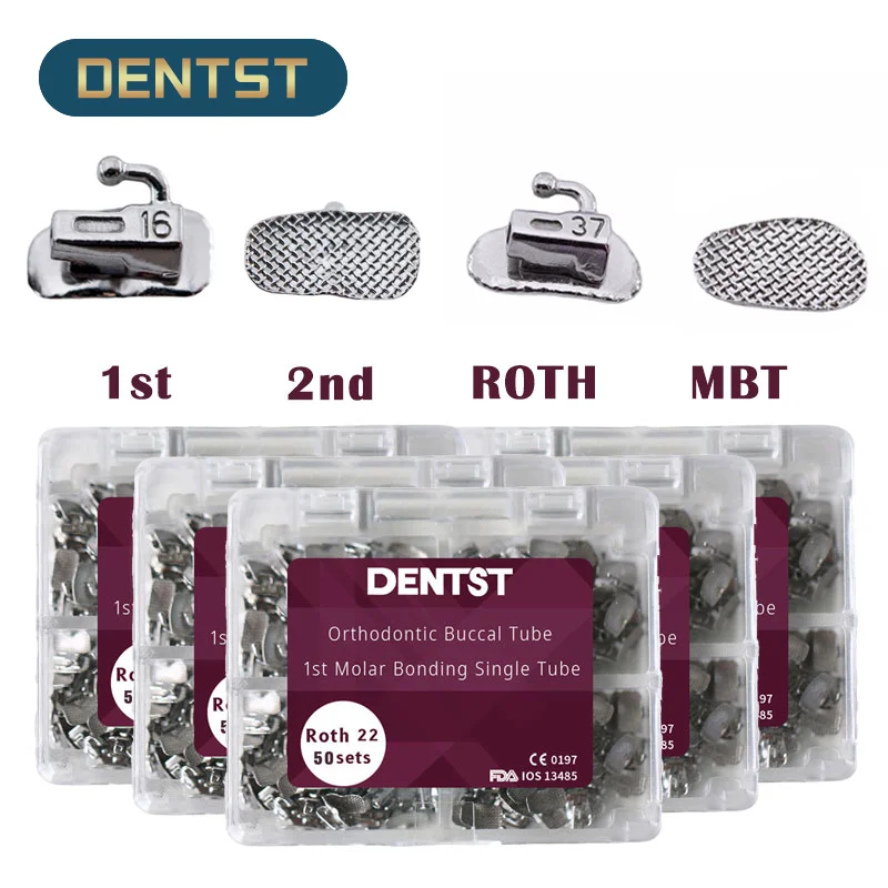 

50Sets/box Dental Orthodontic 1st 2nd Molar Bondable Buccal Tubes Non-Convertible Mesh Base Single Tube Roth MBT 0.022