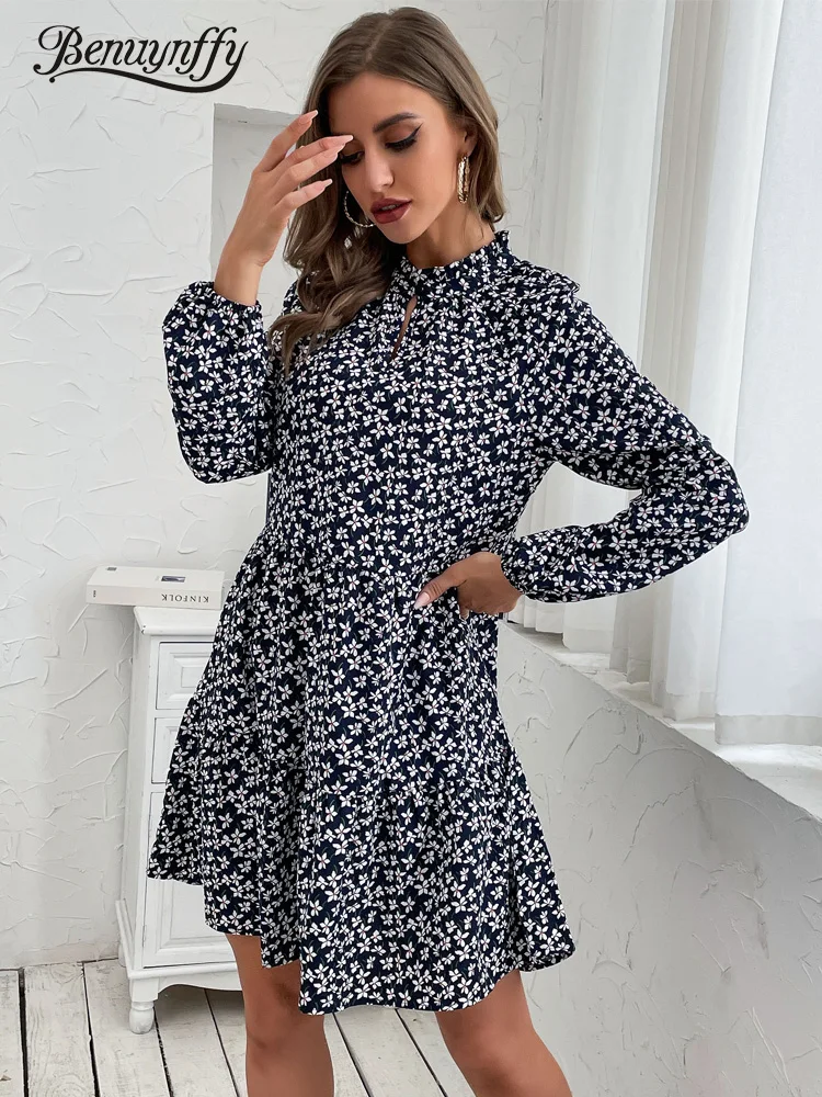 

Benuynffy Keyhole Neck Raglan Sleeve Floral Dress Women New Spring Fall Boho Casual Ladies Retro Ruffled A-Line Short Dresses