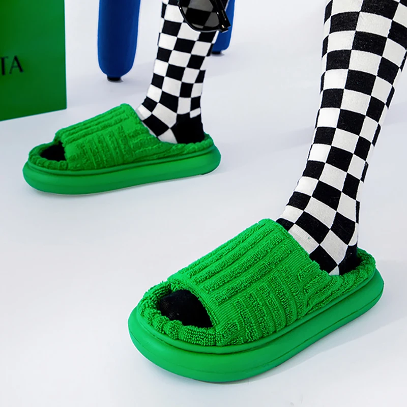 

Luxury Women Slippers One-word Thick Sole Slipper Female Green Flat Cotton Shoes New Spring Autumn Women Shoes Casual Slippers