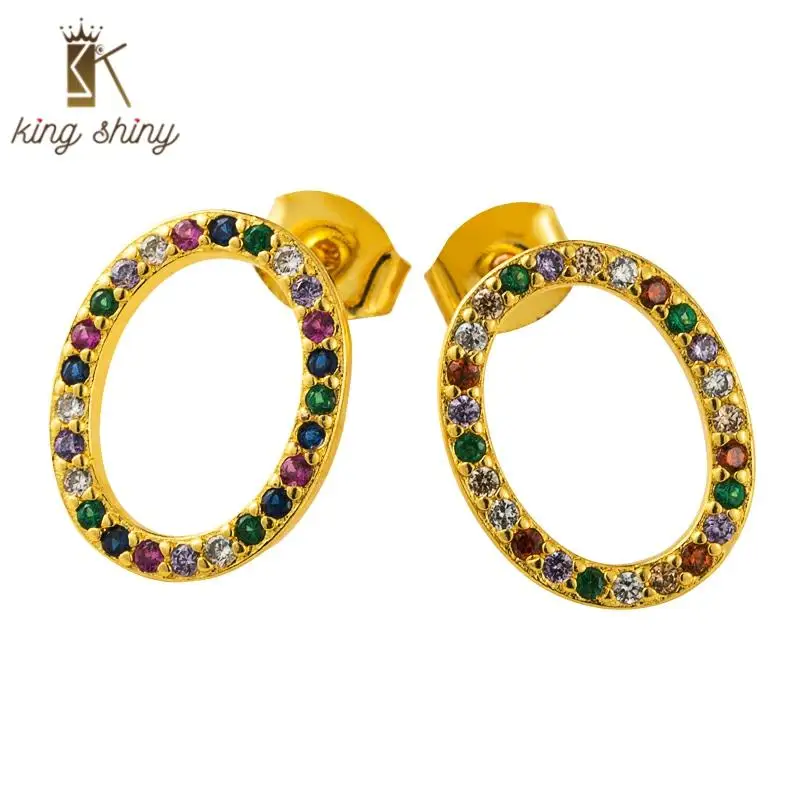 

Charm Multi Color Crystal Geometric Copper Stud Earrings for Woman Luxury Rainbow CZ Cubic Zirconia Hollow Oval Girls Party Gift