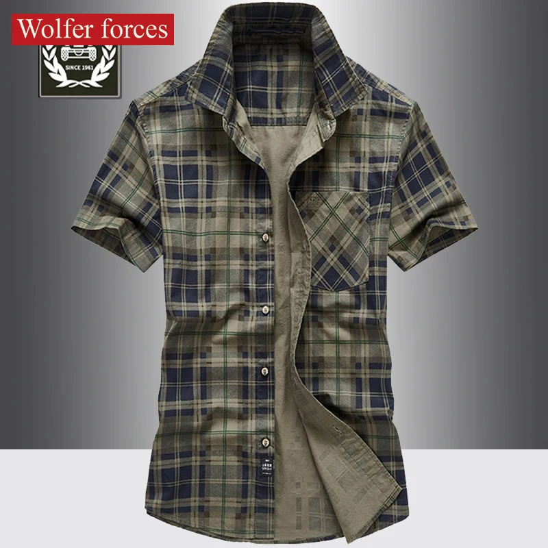 Рубашка мужская хлопковая в клетку Повседневная модная блуза стиле милитари с