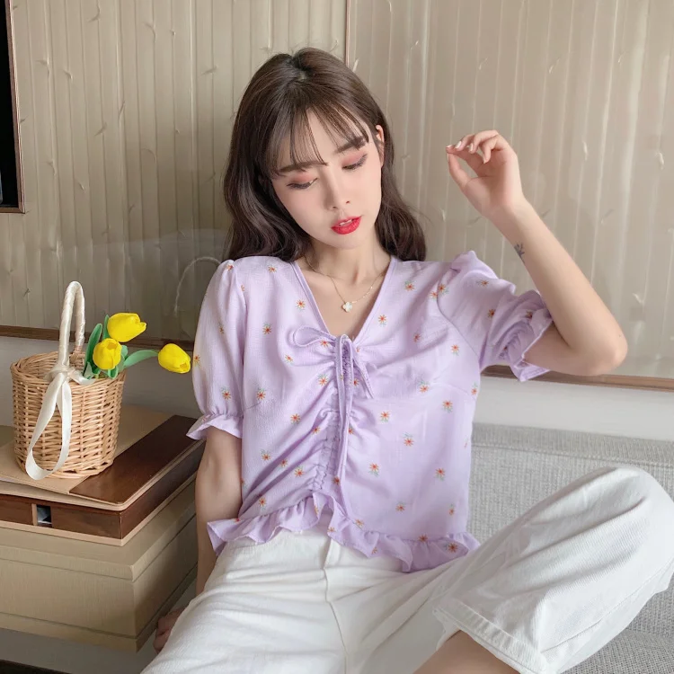 

Floral Top Women's Summer Drawstring Short Sleeve Clavicle Retro Hepburn Chic Elegant High Waist Short Shirt Sweet Little Fairy