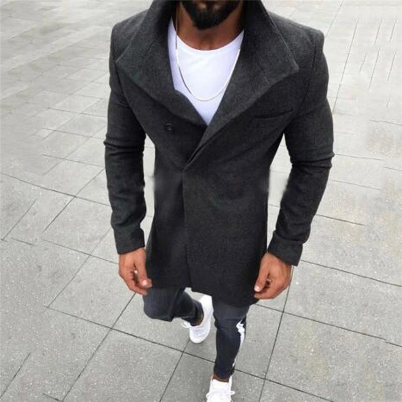 Dark Gray Модная мужская шерстяная куртка на пуговицах с длинными рукавами, ветровка, шерстяное пальто, осенне-зимнее пальто, мужское тонкое длинное пальто - Цвет: Dark Gray