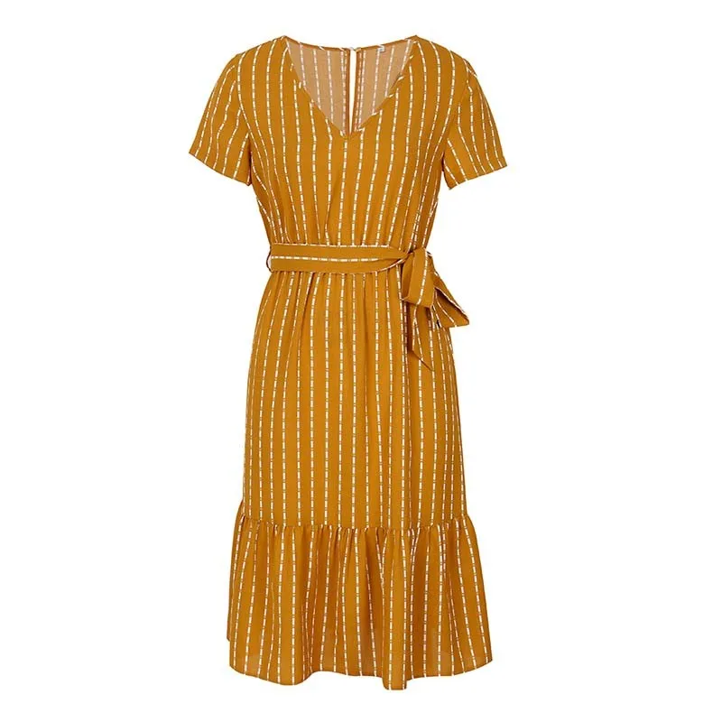 

2021 Summer Holiday Women's V-Neck Sexy Temperament Striped Dress Casual All-Match Waist And Leg-Length Printed Dress