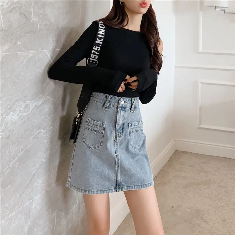 

summer women skirts denim fabric mid-long A line high waist mini skirts students skirts ladies summer skirts