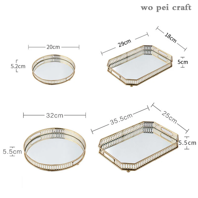 

Nordic Decoration Trays Dessert Snack Food Tray Iron Gold Tray Glass Mirror Storage Plate Display Plate Fruit Dish Home Decor