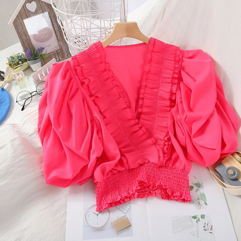 Блузка женская плиссированная с пышными короткими рукавами милая приталенная