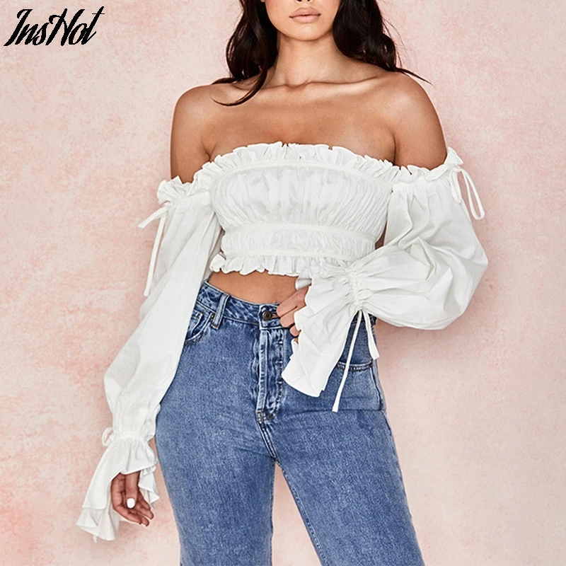 Женские укороченные топы с открытыми плечами летние блузки оборками