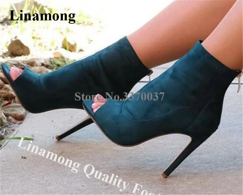 

Linamong New Design Peep Toe Suede Leather Stiletto Heel Short Gladiator Boots Blue Back Zipper-up High Heel Ankle Booties Shoes