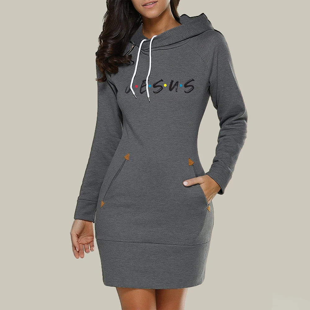 2021 Autumn and Winter Ladies Knee-Length Dress Hooded Warm Sweatshirt Long Sleeve Camp Collar Pocket Simple Casual Sports