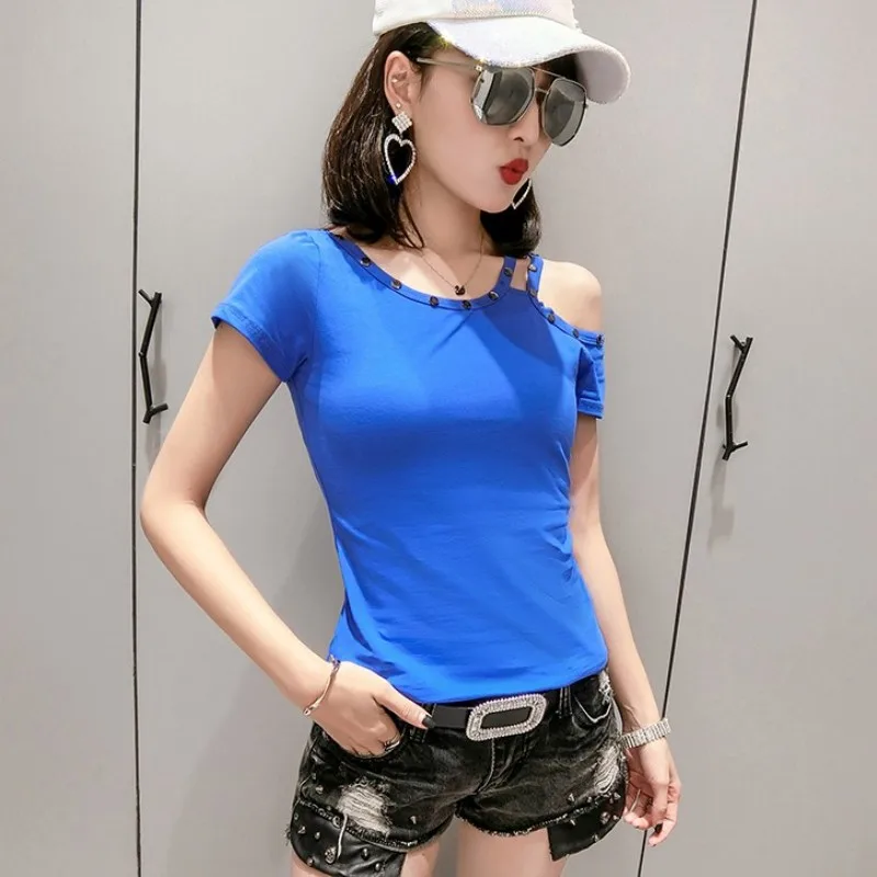 

New Fashion Women Summer Short Sleeve Solid Color T-shirt Sexy Off Shoulder Slim Fit Casual Tees Tops Cotton Breathable T-shirts