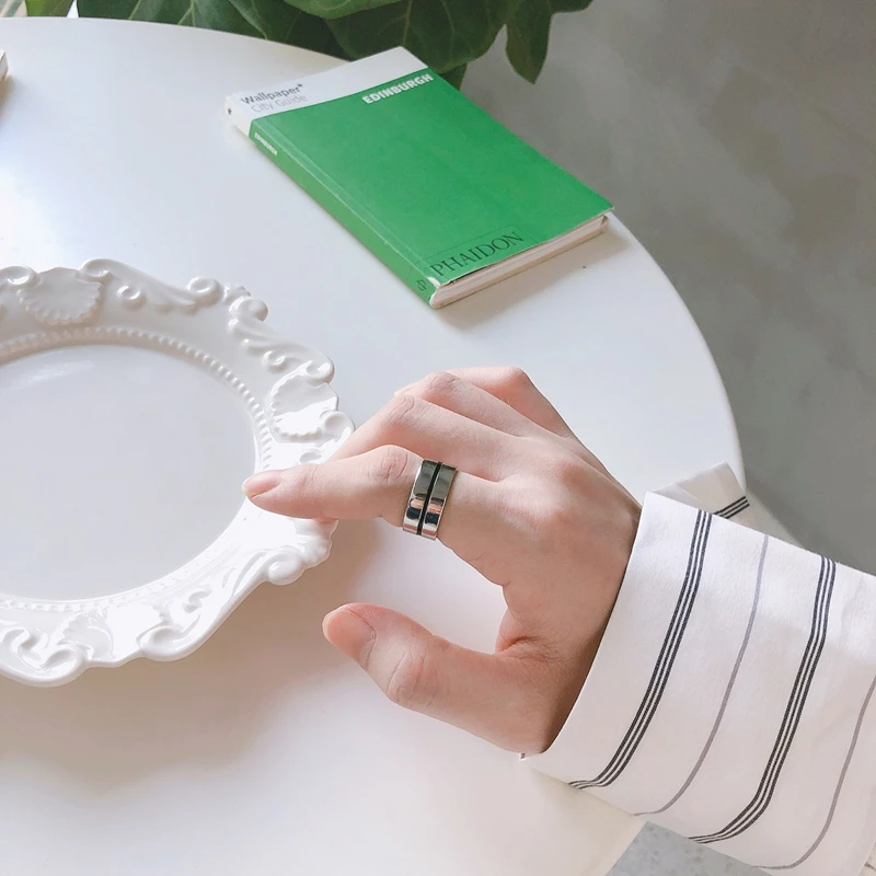 LouLeur Real 925 Silver Sterling Rings Minimalist Line High Quality Wide Ring for Women Casual Office Party Ring Fashion Jewelry