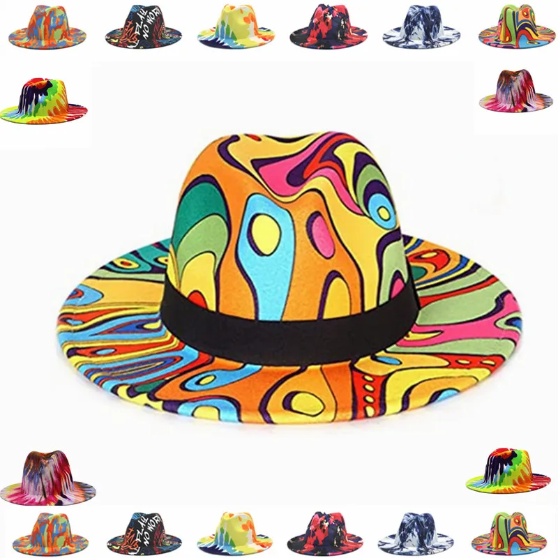 

Winter Colorful Women Fedora Hat Wide Brim Felt Hat Dress Panama Printed Men Special Style with Black Chain Wholesale