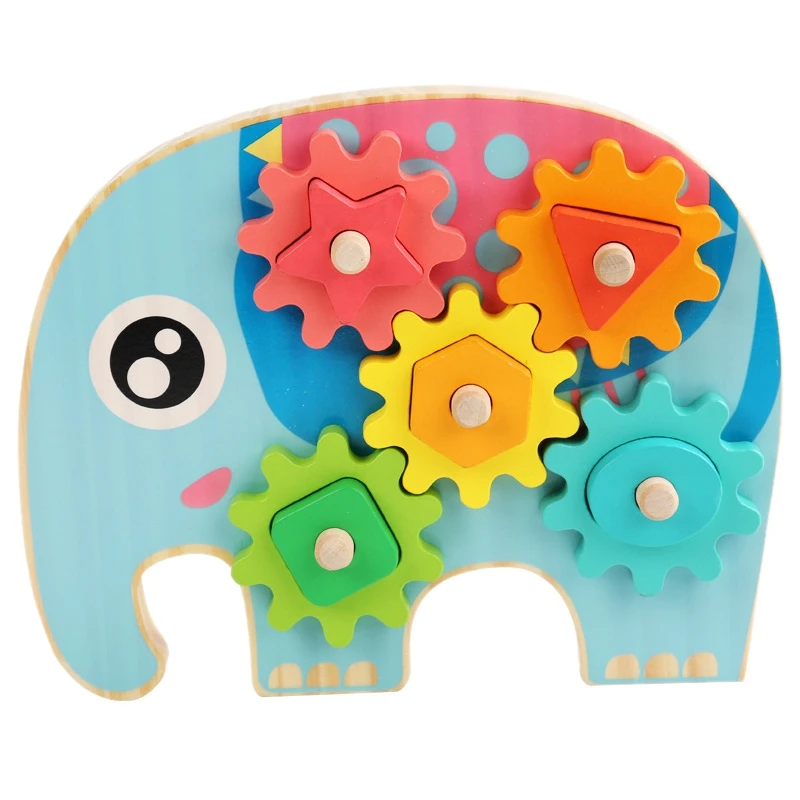 

Elephant Wooden Toy for Toddlers Educational Sorting Gear Game with Turning Wheels Learn Colours and Shapes