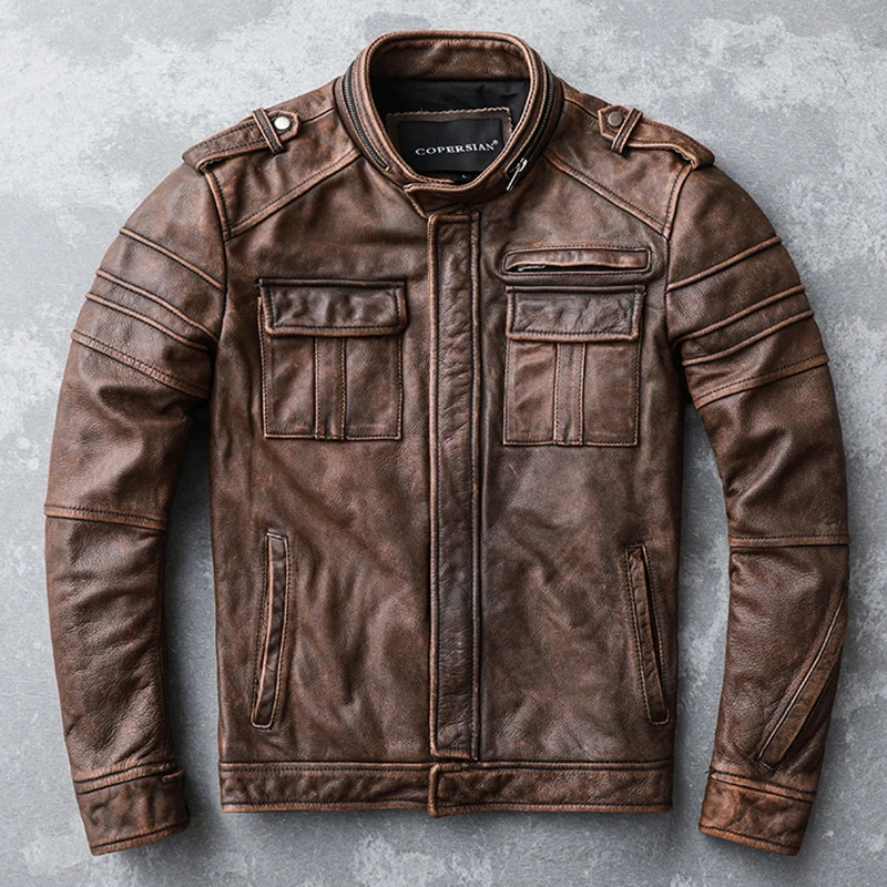 

JCHB 2021 Genuine Leather Jacket Men Vintage Cowhide Coat Motorcycle Mens Leather Jackets and Coats Spring Autumn Veste Homme P