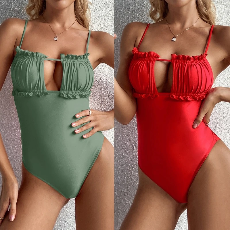 

Sexy Drawstring Ruffle Bikini 2021 New Female Swimsuit Women Solid Swimwear One-piece Bikini set Bather Bathing Suit Swim Lady