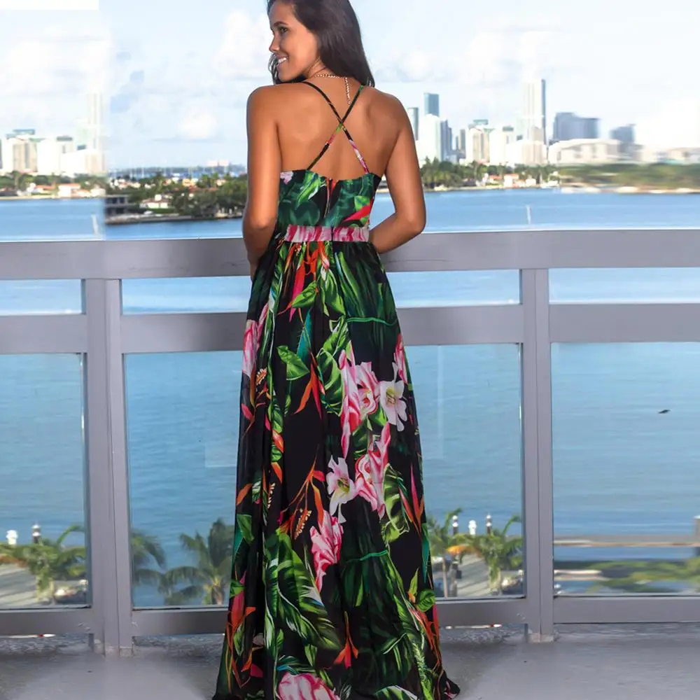 

Women Sling Floral Long Dresses Summer Boho V-Neck Split Sleeveless Party Beach Holiday Floral Print Maxi Dress Casual Sundress