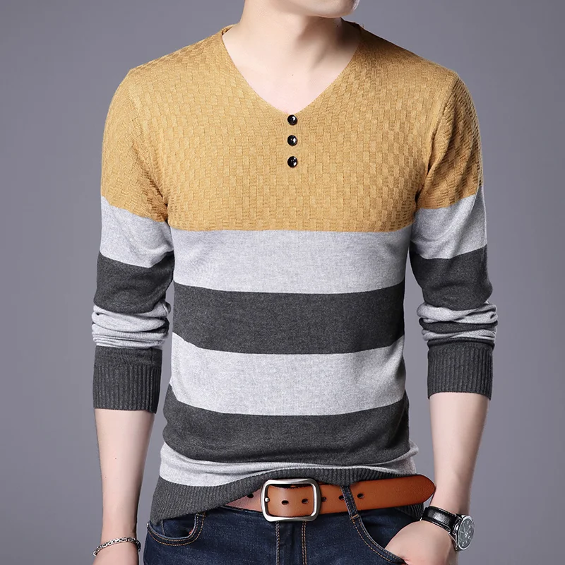 New Men Fashion Brand Knit Pullover Striped Mens V Neck Sweater Korean Woolen Blend Casual Jumper High Quality Clothes Hombre