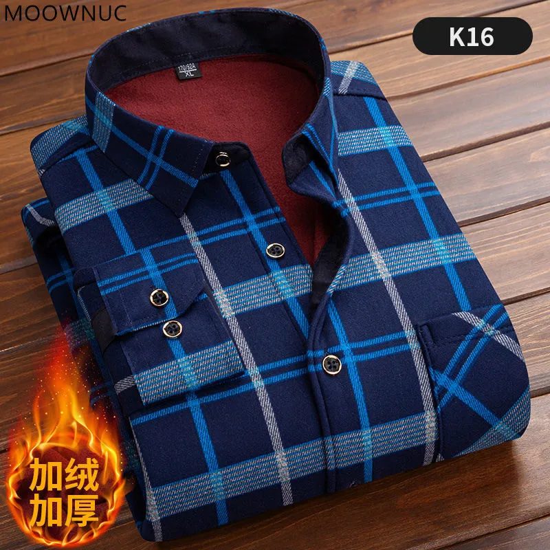 2022 Autumn/Winter New Men's Fashion Long Sleeve Plaid Shirt Fleece and Thick Warm Men's Casual High Quality Large Size Shirt