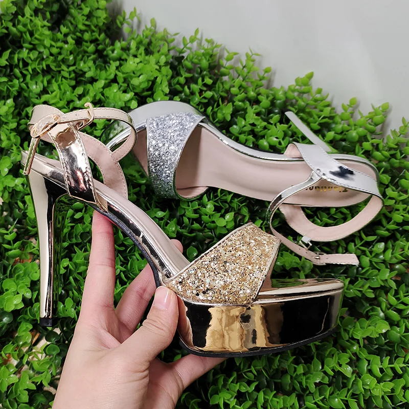 gold platform sandals women high heel zapatillas mujer high heels sandals women wedding shoes with bling heels