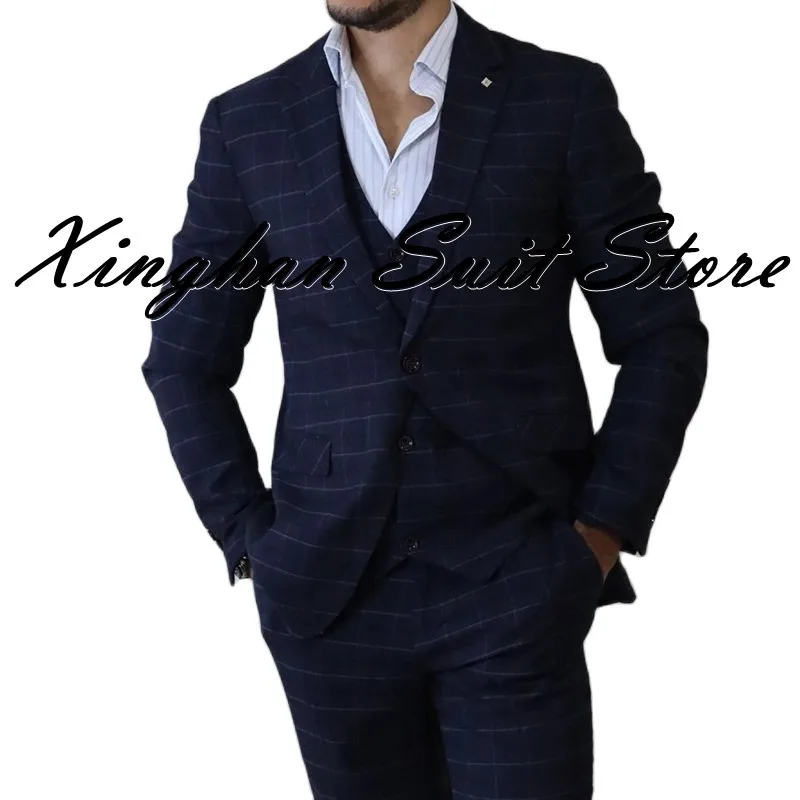 

Business Men Suits Tailor-Made 3 Pieces Navy Blue Plaid Notch Lapel Single Button Formal Tuxedo Slim Fit Wedding Groom Wear
