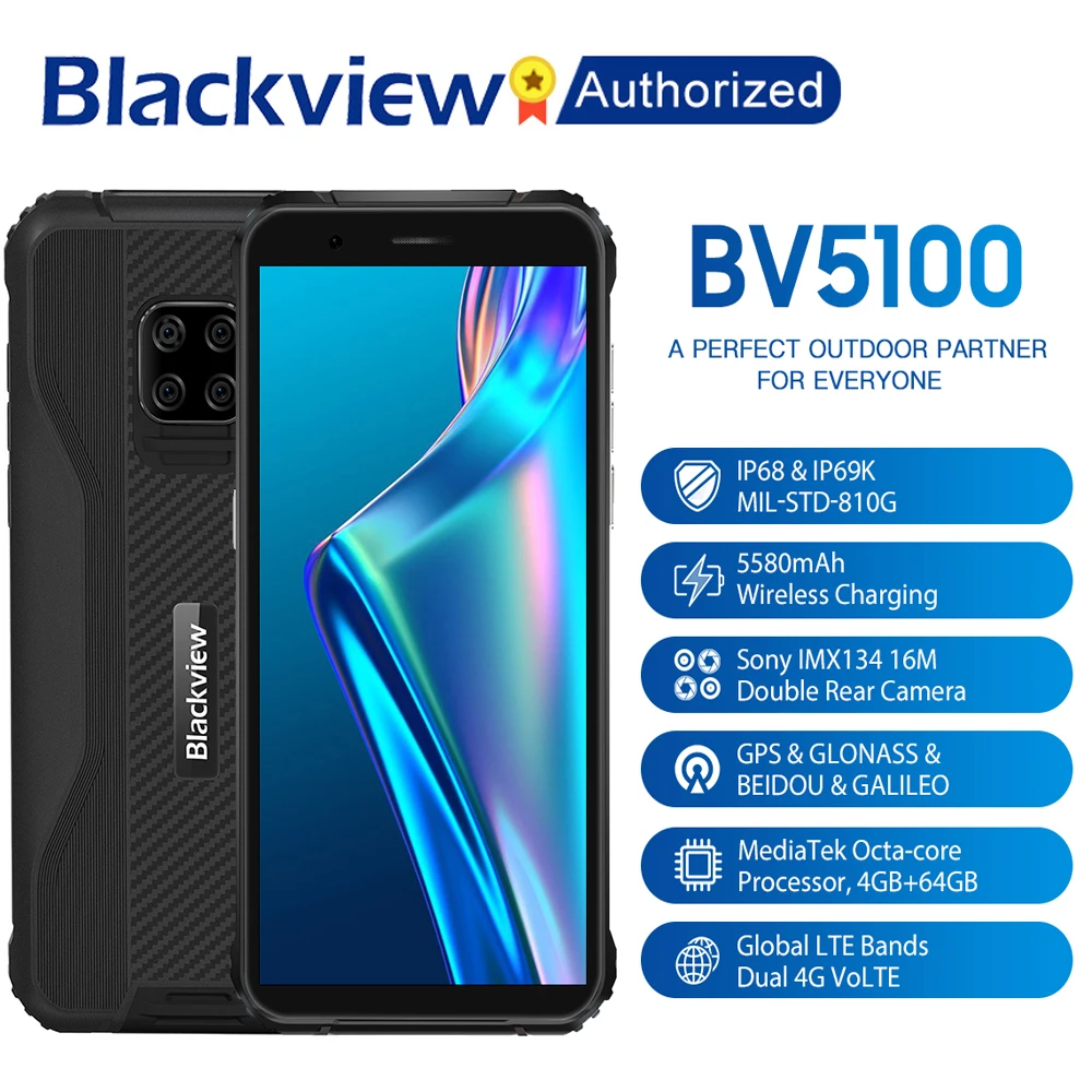 Перейти на Алиэкспресс и купить Смартфон Blackview BV5100 защищенный, IP68, экран 5,7 дюйма, Android 10, Helio P22 восемь ядер, 4 Гб + 64 ГБ, NFC, 5580 мАч