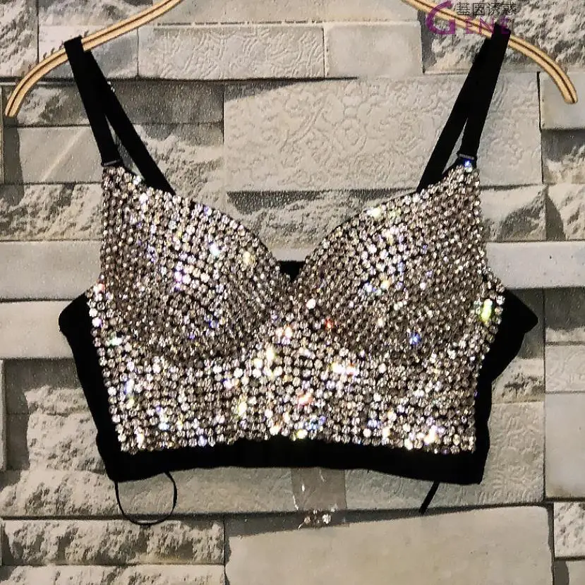 Plus Size High quality Hand-made Pearls Jewel Diamond beading Women's Sexy Bustier Bra Cropped sling Top Vest Bra bling