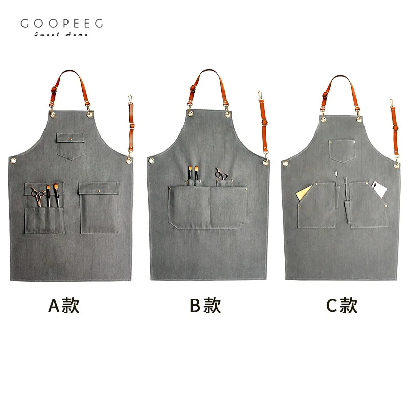 

GOOPEEG Barista Denim Work Apron Men's Workwear Hairdresser Barber Apron Floral Custom LOGO