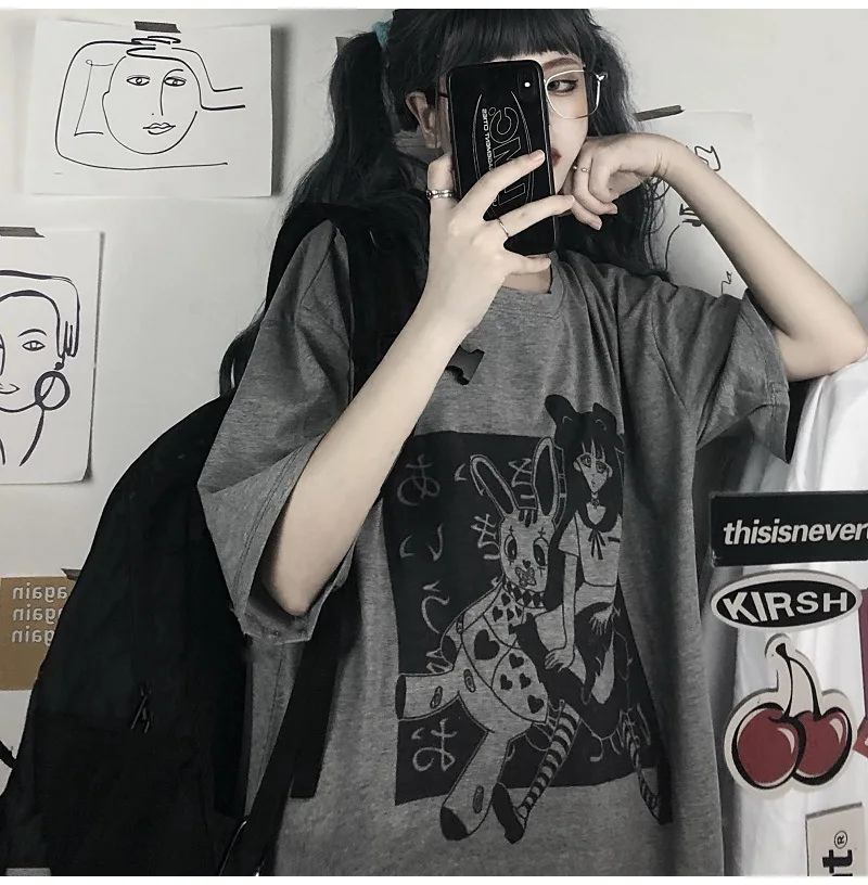 

T-Shirt Aesthetic Gothic Punk cartoon Short Sleeve O-Neck Tops Women dropshipping summer loose oversize street clothes harajuku
