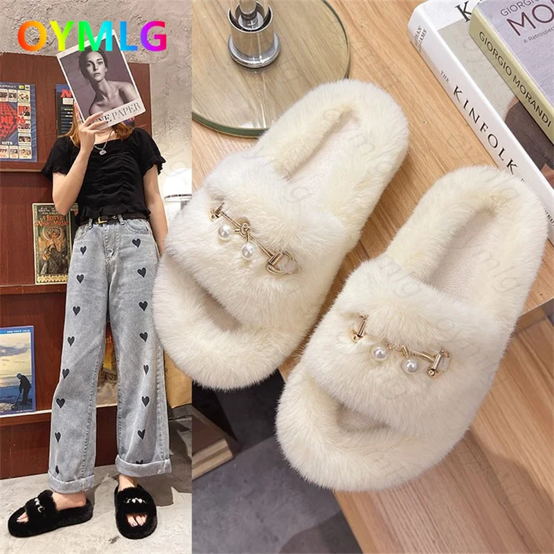 

2021autumn winter new net red hairy slippers for women's outer wear flat-bottomed slippers, wild thick-soled Korean hairy shoes1