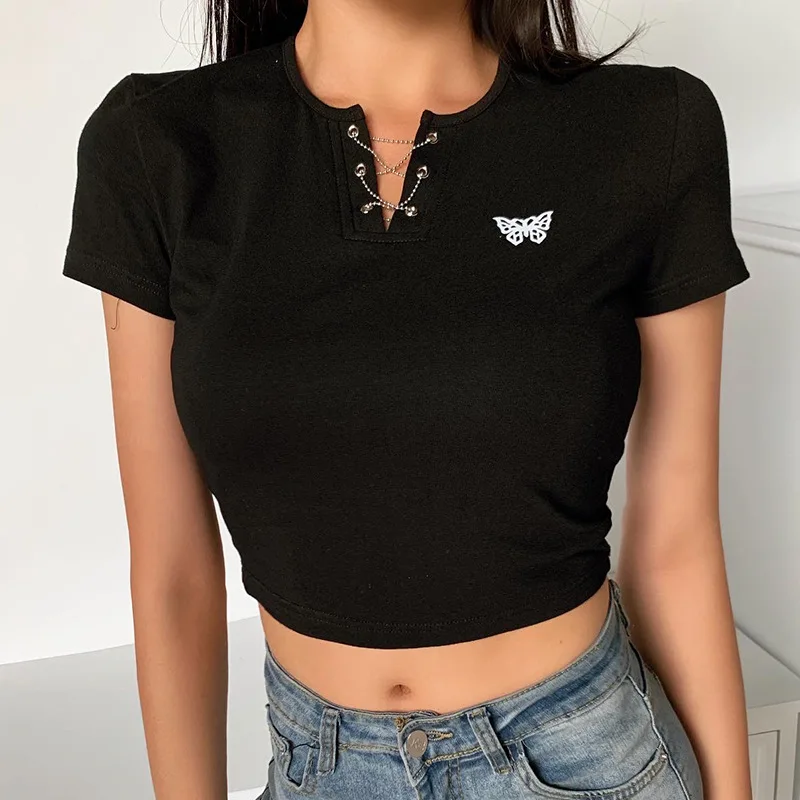 Casual Flash Reflective Butterfly Slim Crop Tops Women 2020 Fashion Short Sleeve V Neck TShirt Female Streetwear Skinny Cropped | Женская