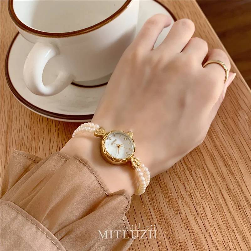 Новинка 2021 женские часы медный циферблат Роскошный Жемчужный ремешок винтажные