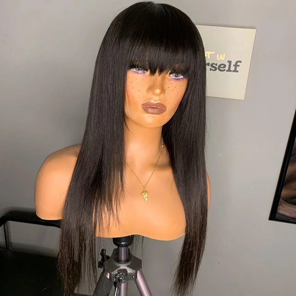 

Long Straight Human Hair Wig With Bangs For Black Women Fringe Wig Cheap Full Machine Made Short Bob Wig Brazilian Hair Bang Wig