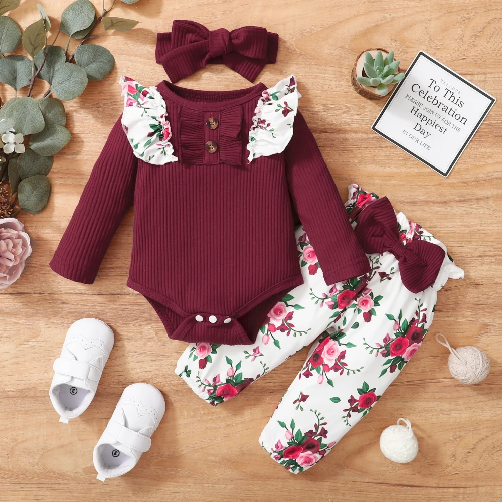 

Baywell 3PCS Newborn Baby Girl Outfits Ruffled Sleeve Bodysuit Romper Top+Floral Print Pants+Headband Infant Sets for 3-24M