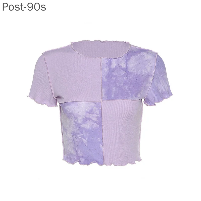 

Chic Crop Tops Tees Tie Dye With Sequin Patchwork Women Summer T-shirts Ruffles Hem Purple Or Bule Clothes 2021
