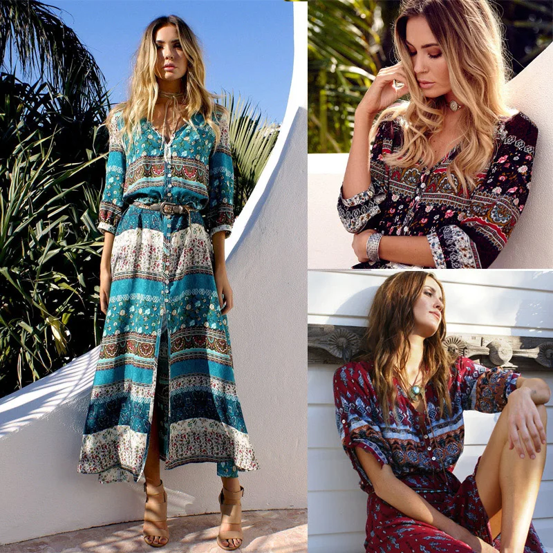 

Boho Loose Dress Summer Style Folk Floral Print Tropical Holiday Beach Dress V-Neck Short Sleeve Fashion Sundress Dropship