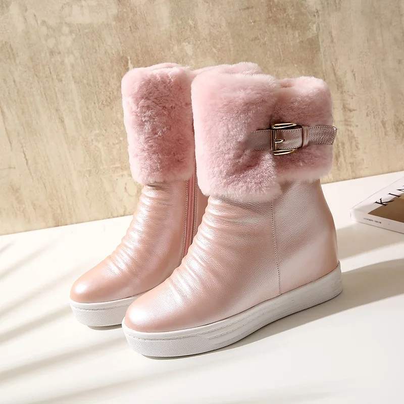 Женские зимние ботинки MEZEREON из мягкой кожи обувь на танкетке с пряжкой плюшевой