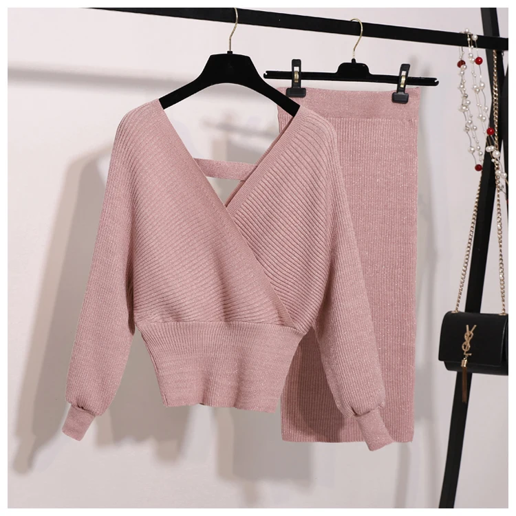 Winter Women 2 Piece Sets Sweater Set Warm Knitted Tracksuits V-neck Lantern Sleeve Pullover & Elastic Waist Skirt Suit Femme
