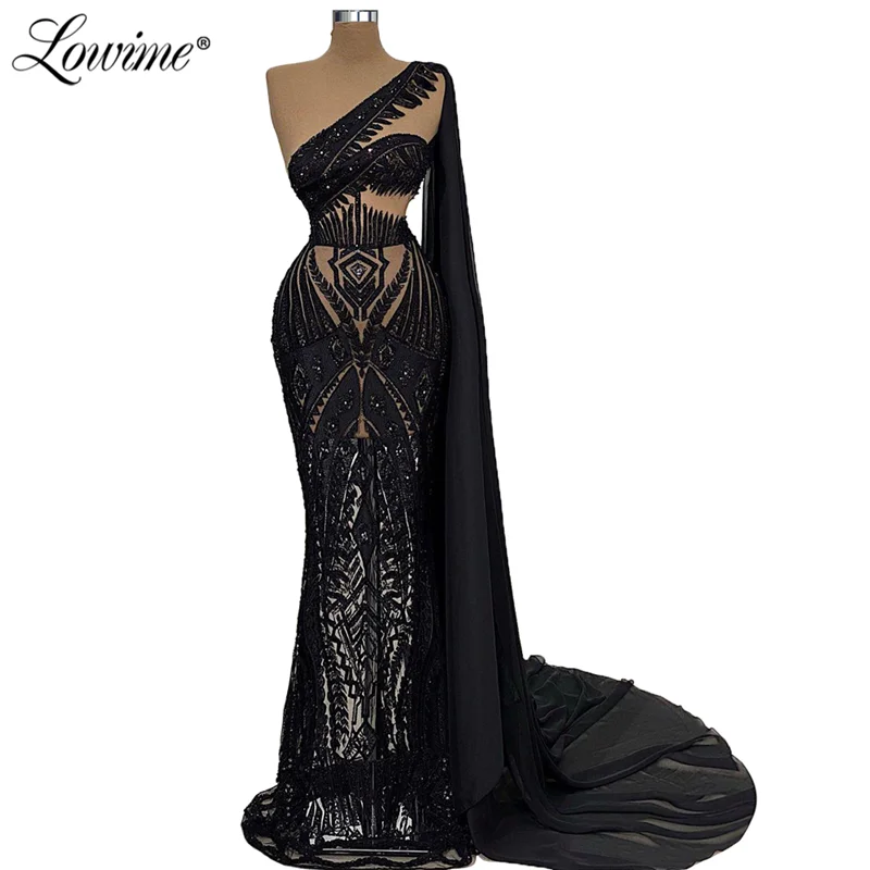 Lowime Illusion Black Dubai Moroccana Kaftan Evening Dresses Beaded Plus Size Party Dress Robes De Soiree 2021 Long Evening Wear