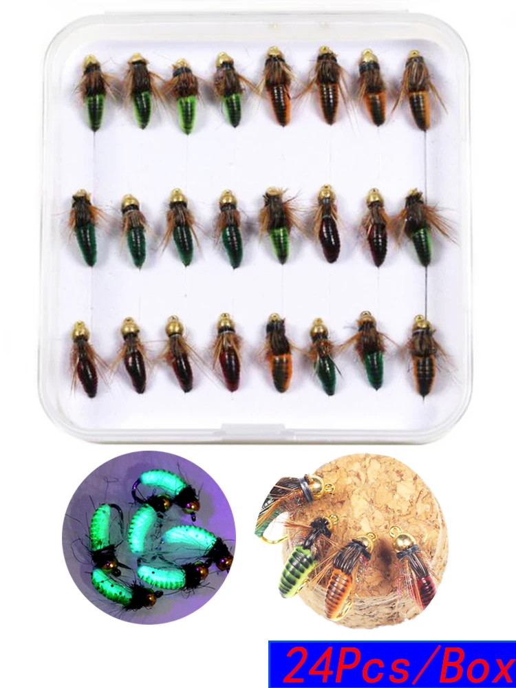 

24Pcs/Box Realistic Nymph Scud Fly for Trout Fishing Artificial Insect Caterpillar Bait Bead Head Fast Sinking Worm Fishing Lure